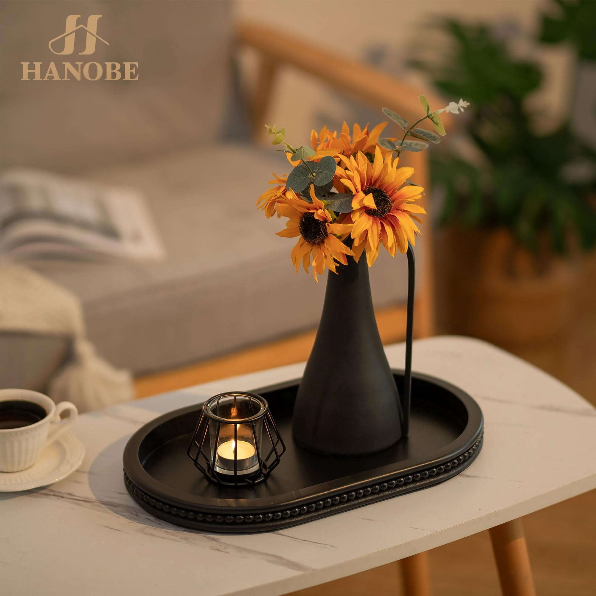 Hanobe Beaded Decorative Candle Holder Tray: Black Oval Wooden Tray Coffee Table Centerpieces for Ottoman Dining Living Room