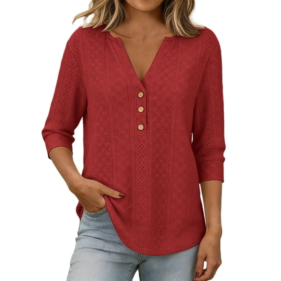 CYMMPU Women's Summer 3/4 Sleeve Button V Neck Loose Fit Blouse, Casual Lightweight Summer Top for Daily Commute Red XXXXXL