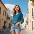 thumbnail image 2 of 3/4 Length Sleeve Womens Tops, Comdrip Womens Tops 3/4 Sleeve Print Plain Travel Cute Tops V Neck Slim Fit Half Sleeve Tshirts Shirts Blouse Ladies Tops and Blouses Blue XL, 2 of 7