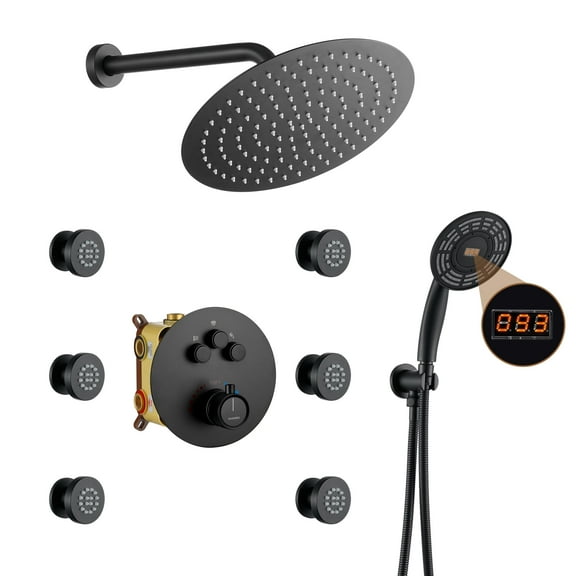 CASAINC Wall Mounted Round Shower Heads 3-Function Luxury Thermostatic Dual Shower Faucet 1.8 GPM with Body Spray