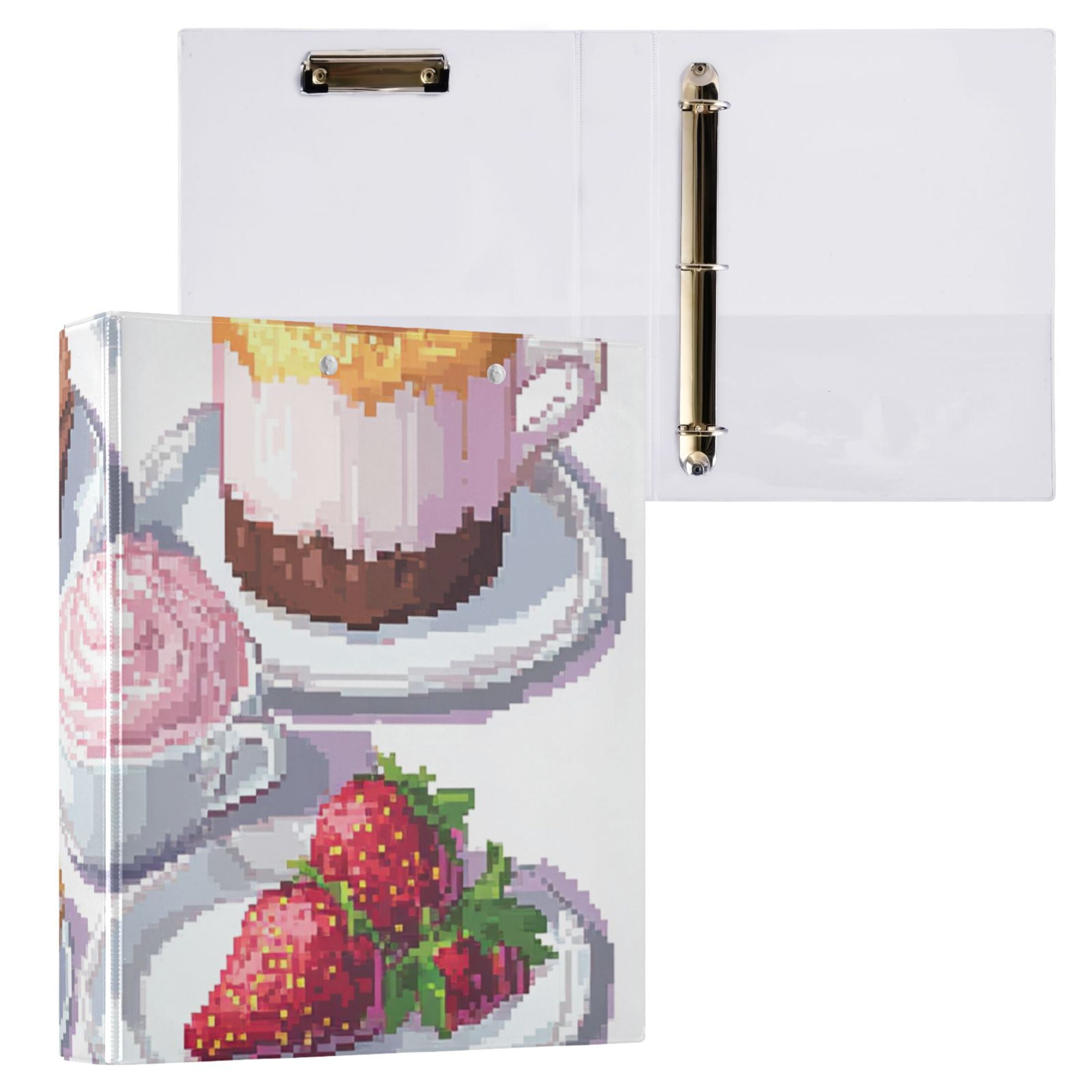 Pixel Strawberry Cakes 3 Ring Binders 1.5 inch Hardcover File Folders with Interior Pockets A4 Size Organizer for School Office Hospital