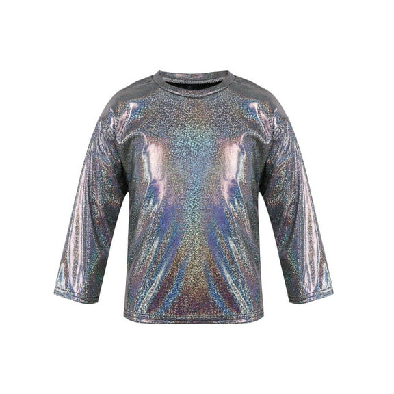 Miutii Kids Big Girls Boys Shiny Metallic Dance Top Long Sleeve Glitter Loose T-Shirt for Dance Black 110