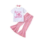 Inevnen Toddler Baby Girls Birthday Outfits Two Sweet Romper Shirts Doughnut Shorts/Flared Pants Set