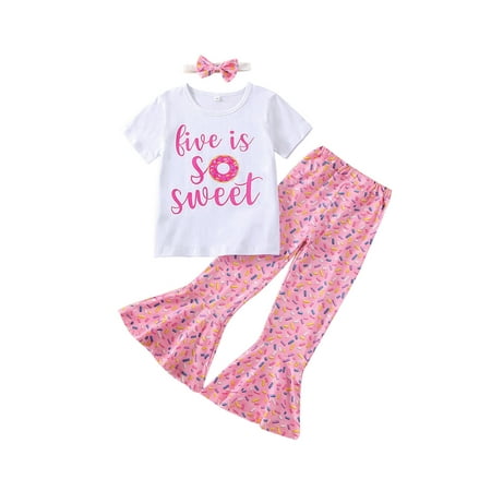 Inevnen Toddler Baby Girls Birthday Outfits Two Sweet Romper Shirts Doughnut Shorts/Flared Pants Set
