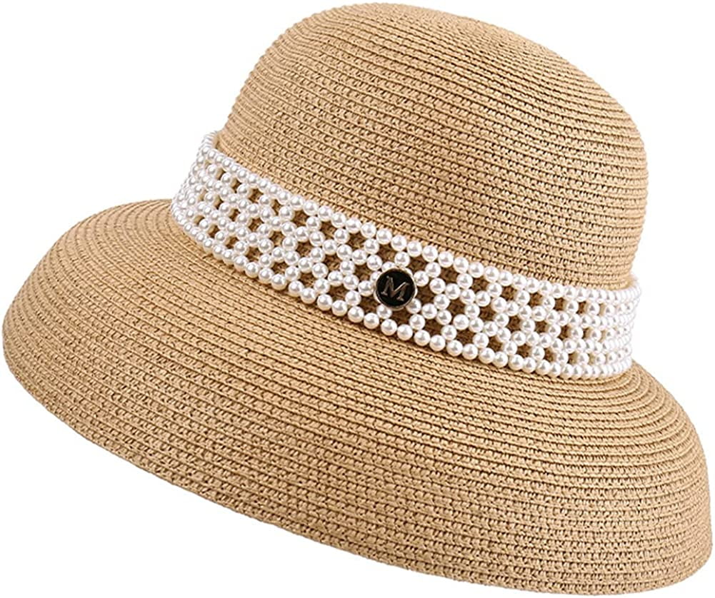 PIKADINGNIS Women's Pearl Straw Sun Hat Floppy Roll up Wide Brim Beach