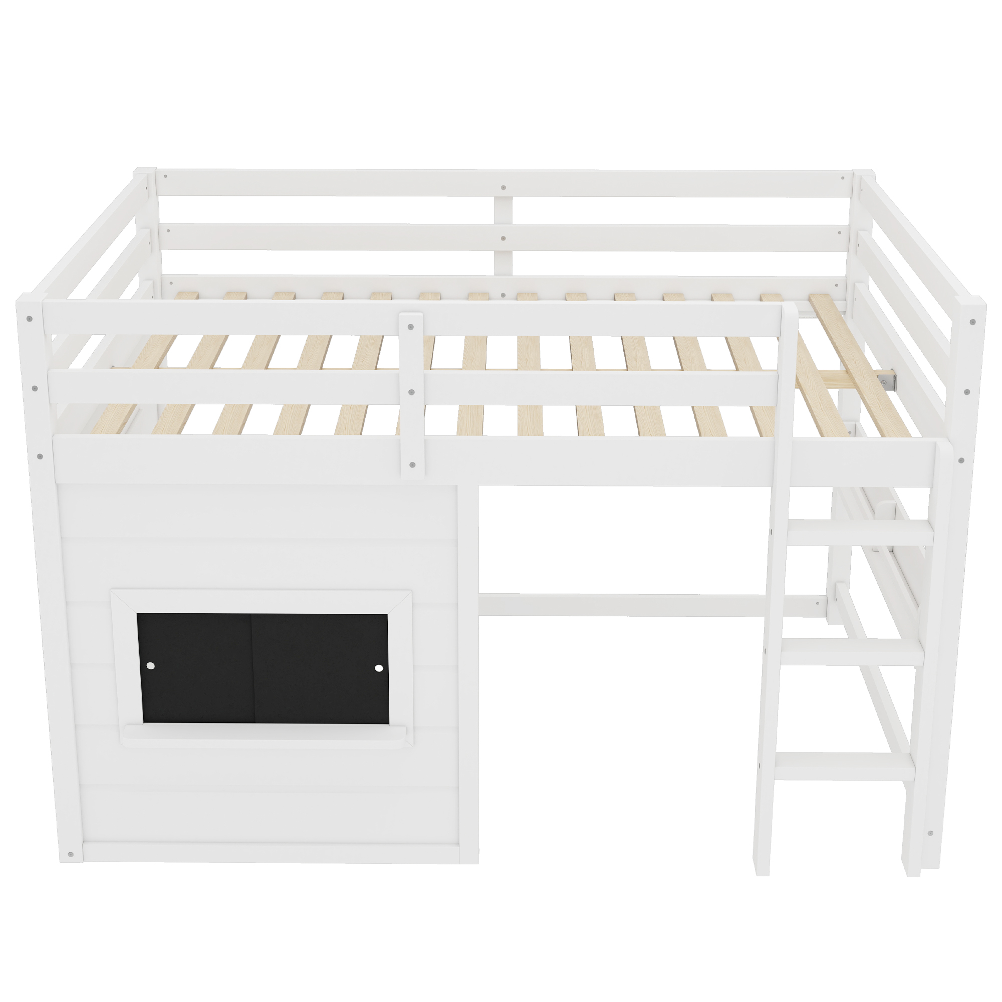 Leumius Full Size Loft Bed with Storage Shelves,Solid Wood Low Loft Bed Frame with Chalkboard and Bookshelf,Space Saving,White
