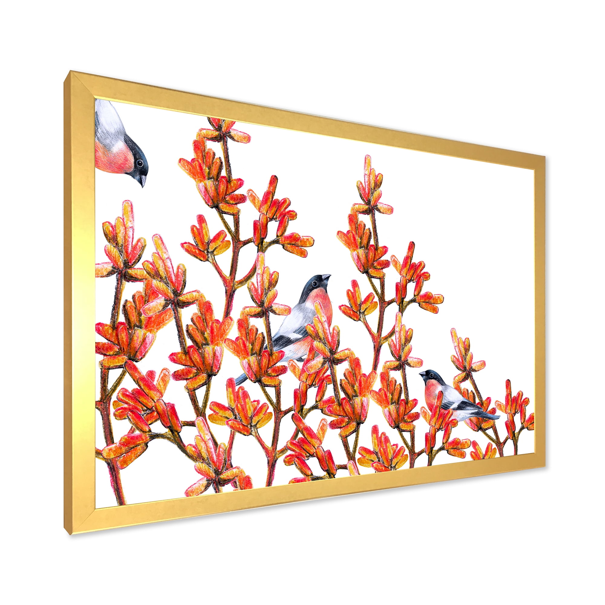 Designart 'Flock of Bullfinches Birds Sitting on Orange Branches' Traditional Framed Art Print
