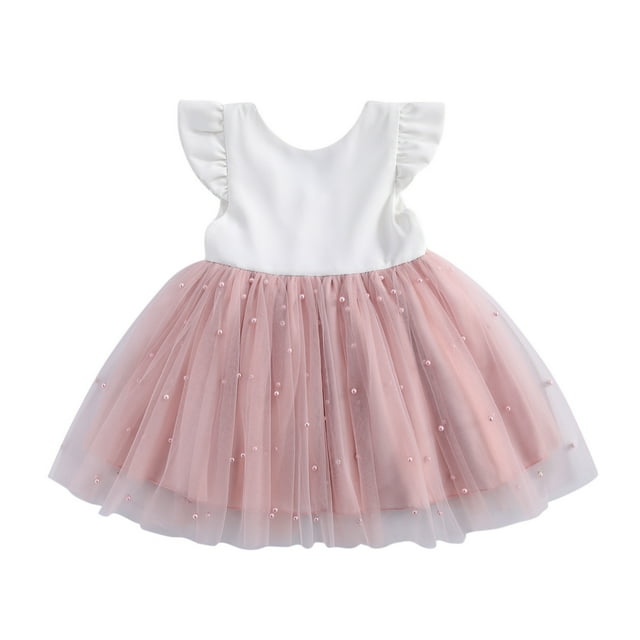 Robe Formelle pour Filles Manches Volantes Robe d'Été de Plage Robe de Fête Robe de Princesse en Tulle Robes pour Tout-Petits Rose 18 Mois-24 Mois