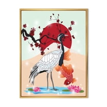 Designart 'Koi Fish With Crane Bird' Farmhouse Framed Canvas Wall Art Print