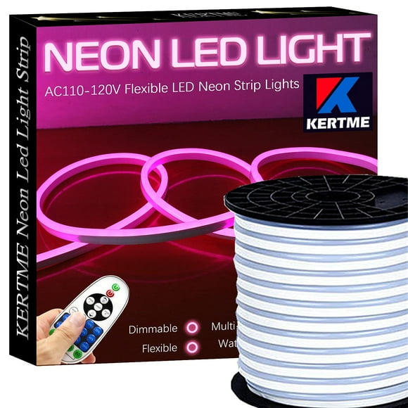 KERTME Bande Lumineuse Néon Led Type CA 110-120V Led, Flexible/étanche/à Intensité Réglable/multi-Modes Corde Lumineuse Led + Télécommande 23 Touches pour Décoration Maison/jardin/bâtiment (98.4 Pieds/30m, Rose)