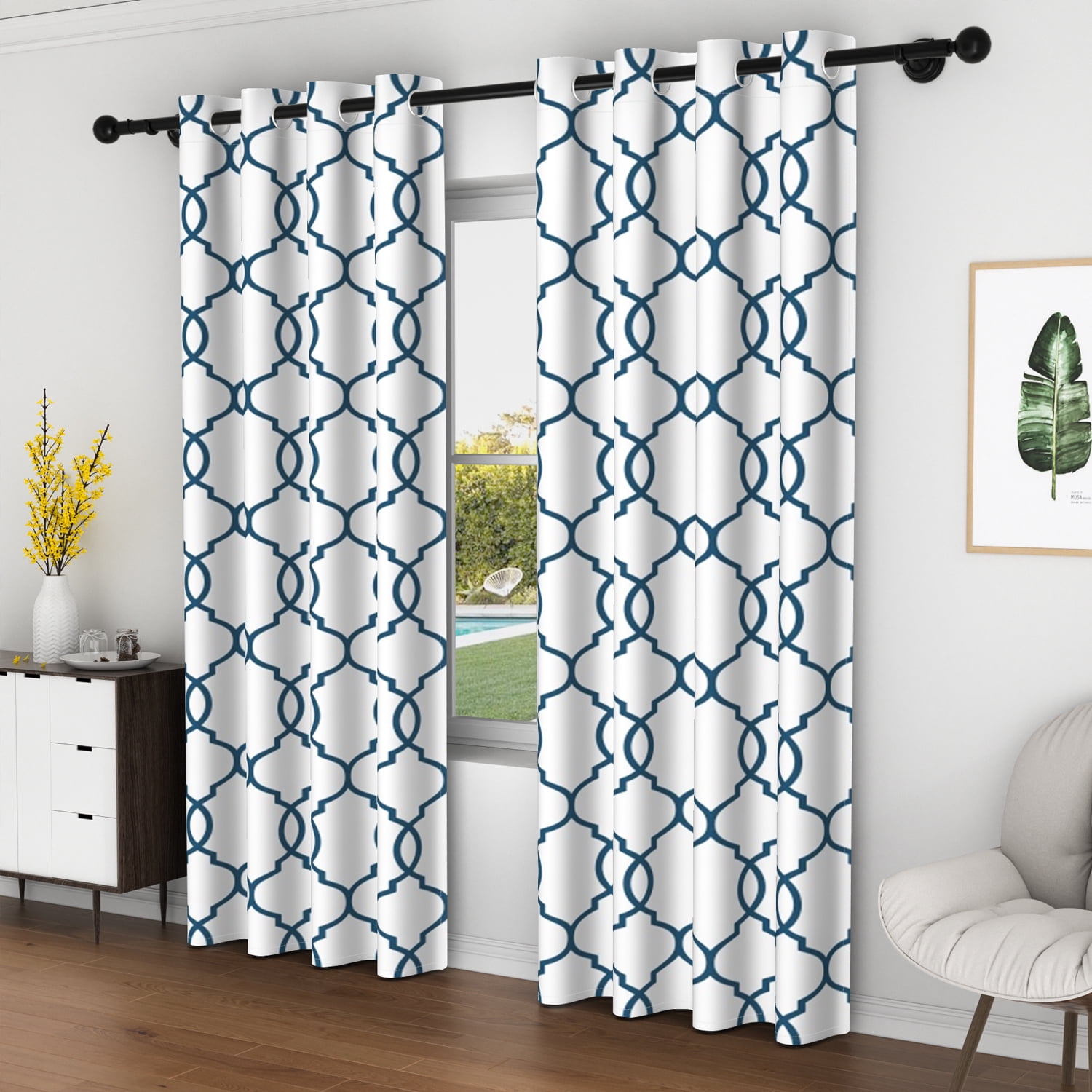Lfeey Geometric Grid Pattern Light Filtering Grommet Blackout Curtains, Navy Blue, 42x84 Inches, 2 Panels