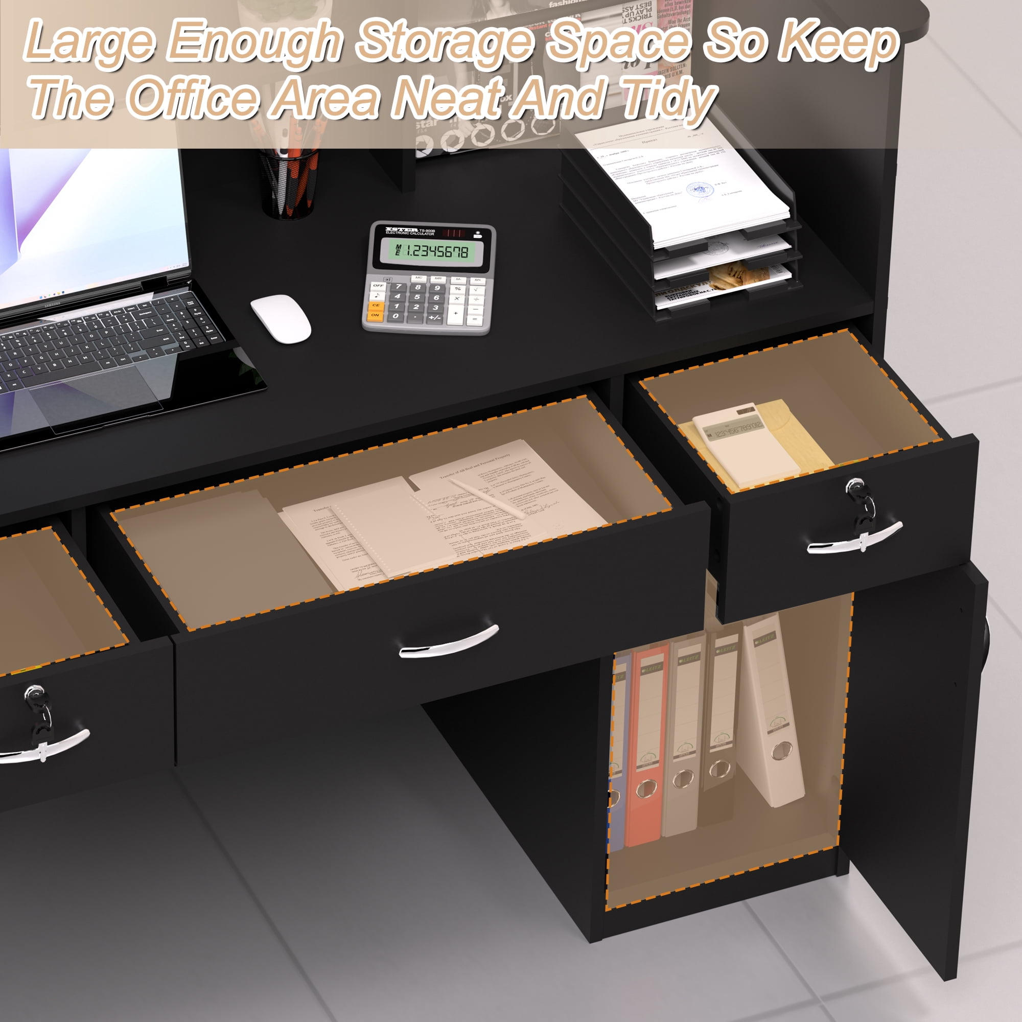 HARIPUL 50-inch Reception Desk with Counter, Front Desk Office Desk with Storage Shelves & LED Lights, Black