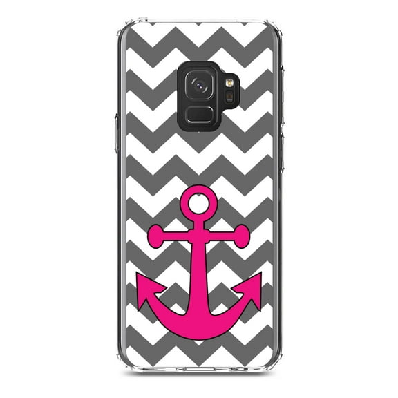 DistinctInk Clear Shockproof Hybrid Case for Samsung Galaxy S9 (5.8" Screen) - TPU Bumper, Acrylic Back, Tempered Glass Screen Protector - Grey White Pink Chevron Anchor - Nautical Design