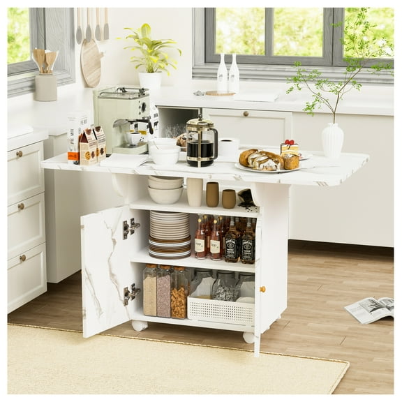 47" Folding Dining Table with Storage, Kitchen Island Table with Wheels, White Marble Top, Space Saving Multi-Functional Table