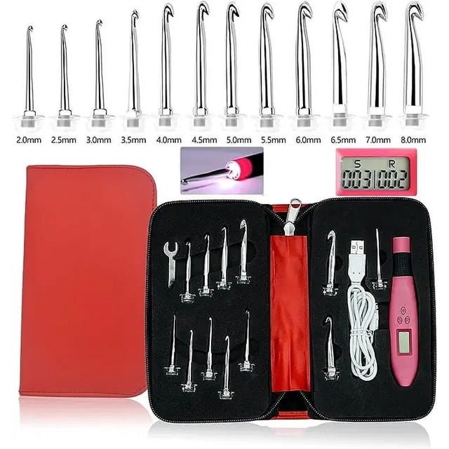 12pcs Crochet Hook Set with Counter Ergonomic Knitting Needles Kit with Led Light&Row Digital Counter DIY Tool for Knitting Hook