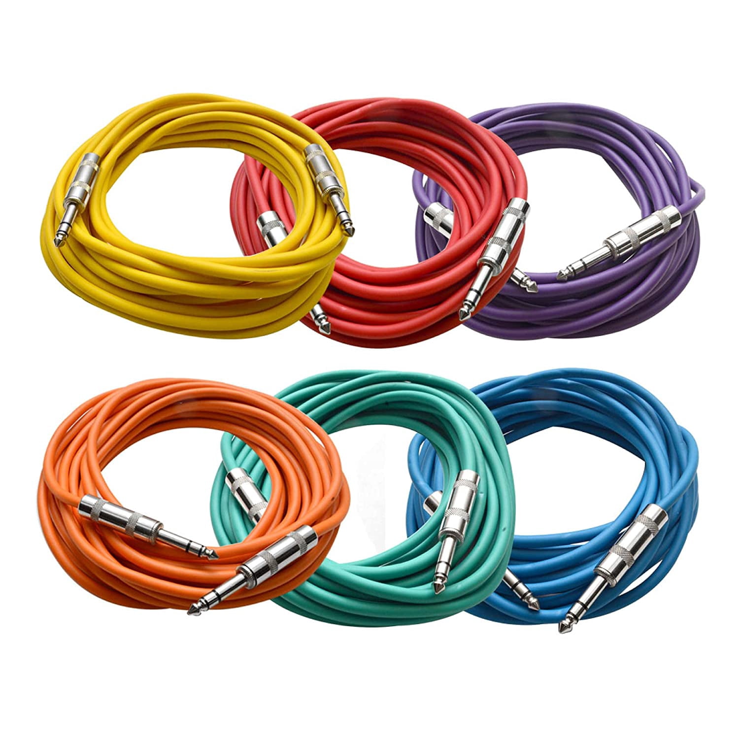 Seismic Audio SATRX-10BGORYP 6-Pack Multi-Color 10FT 1/4" TRS to 1/4" TRS Patch Cables