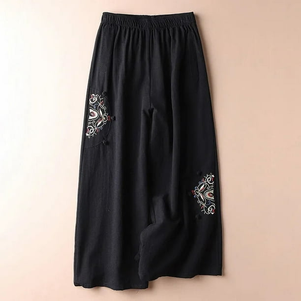 WILLBEST Pantalones Casuales Para Mujer, Culottes de Mujer, Pantalones de Pierna Ancha de Mezcla de Lino, Pantalones Palazzo Casuales Con Cintura Elástica y Bolsillos, Capri Para Un Uso Diario Cómodo.