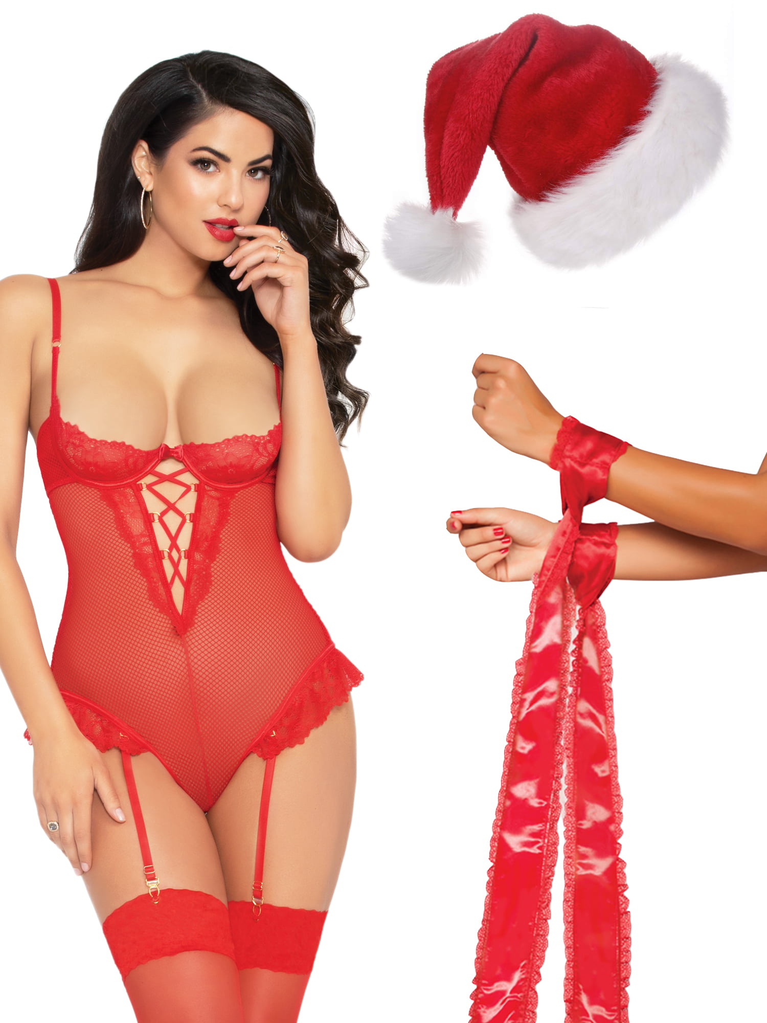 Sexy Holiday Lingerie Gift Set- Festive Satin Ties and Fishnet Teddy  Bodysuit 