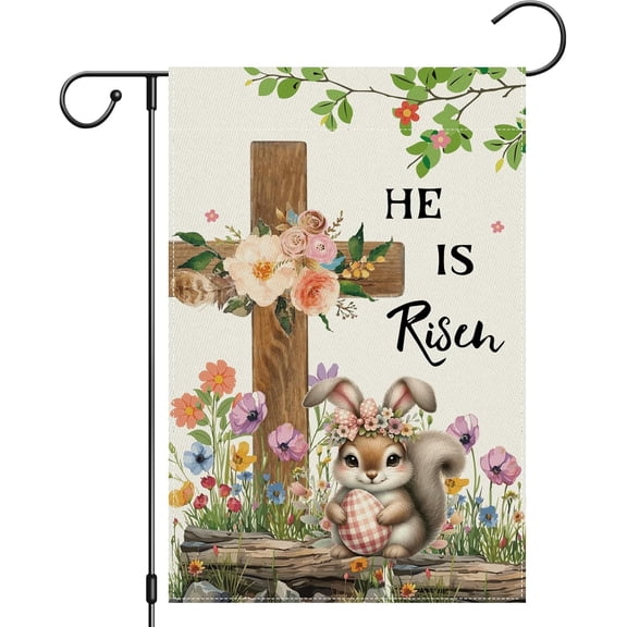He Is Risen Easter Yard Banner 12x18 Inch Double Sided Burlap Cross Bunnies Flowers Farmhouse Outdoor Garden Decor
