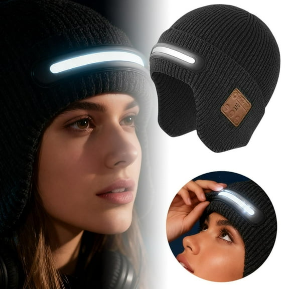 nTRIUQJ Wireless Bluetooth Hat with Music Speakers LED Light Beanie Warm Cap Headphones