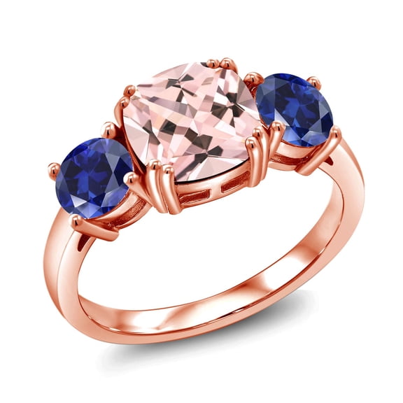Gem Stone King 18K Rose Gold Plated Silver Peach Nano Morganite and Blue Created Sapphire 3 Stone Engagement Ring for Women (3.20 Cttw, Gemstone October Birthstone, Cushion 8MM, Size 6)
