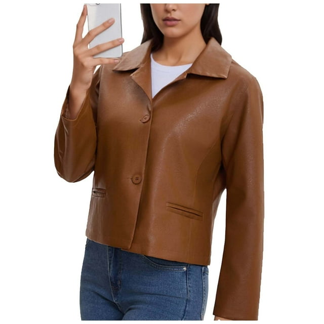 RXMEKW Veste en Cuir pour Femmes Style Moto Courte avec Boutons devant et Col Rond Vêtement Décontracté pour Usage Quotidien et Fêtes