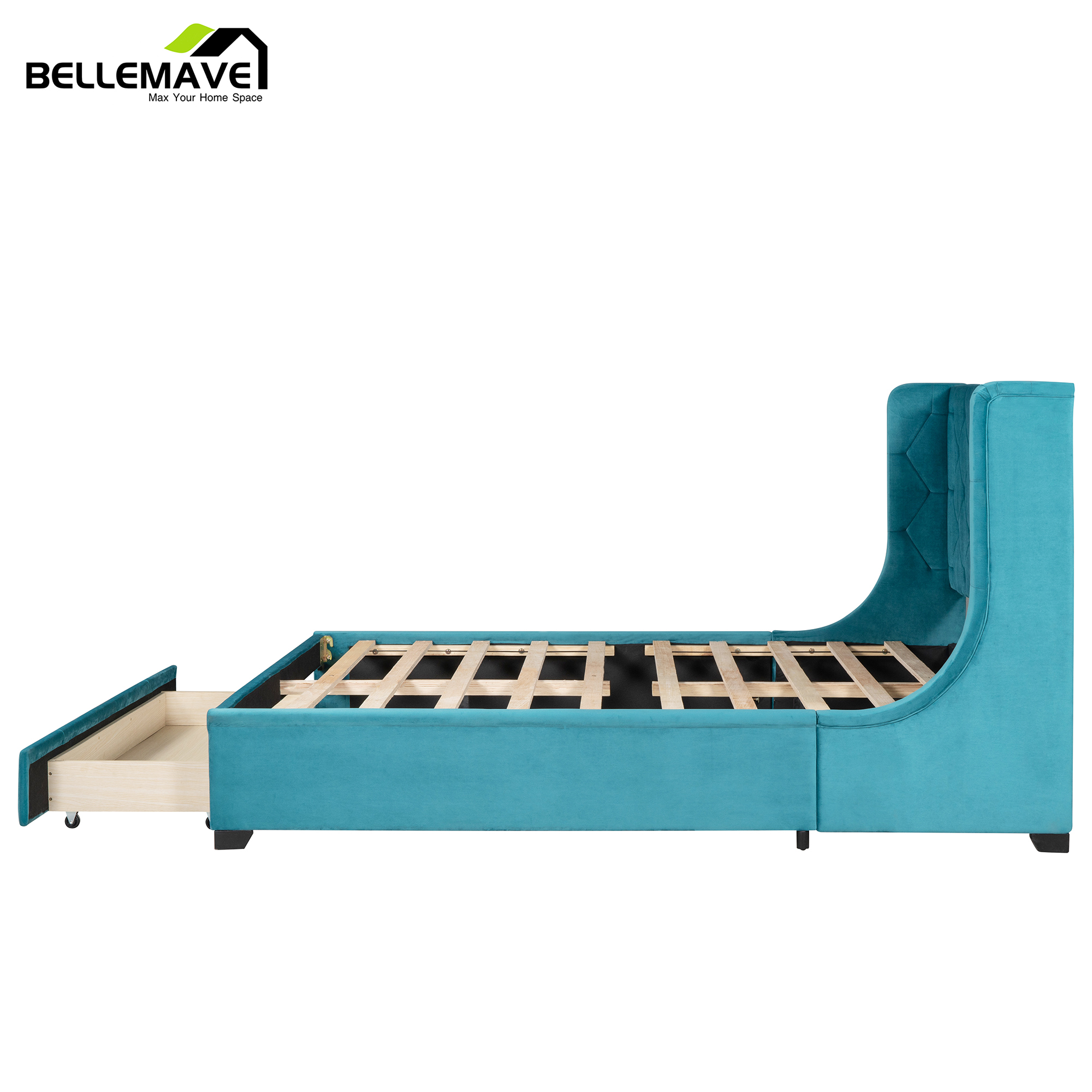 Bellemave Queen Upholstered Platform Bed Frame with Drawer, Storage Bed With Tufted Wingback Headboard, Blue - image 3 of 7