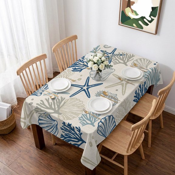 Blue Beige Coastal Table Cloth Waterproof Tablecloths, Summer Beach Starfish Coral Nautical Rustic Tablecloth Dining Table Cover for Kitchen Party Tabletop Outdoor, Rectangle Tablecloth 52x70 Inch