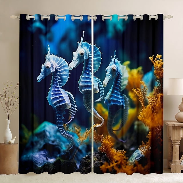 YST Rideaux Occultants 3D Hippocampe Rideaux Imprimés Animaux Marins, Rideaux et Draperies Bleu Marine Faune Marine Rideaux de Salon, Rideaux de Fenêtre Corail Botanique Marin