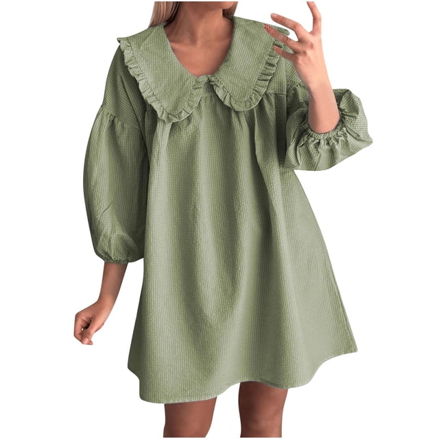 Vestido de Camisa en Cuadro para las Mujeres 3/4 Manga Puff Muñeca Collar Suelto Mini Vestido, Poliéster Spandex