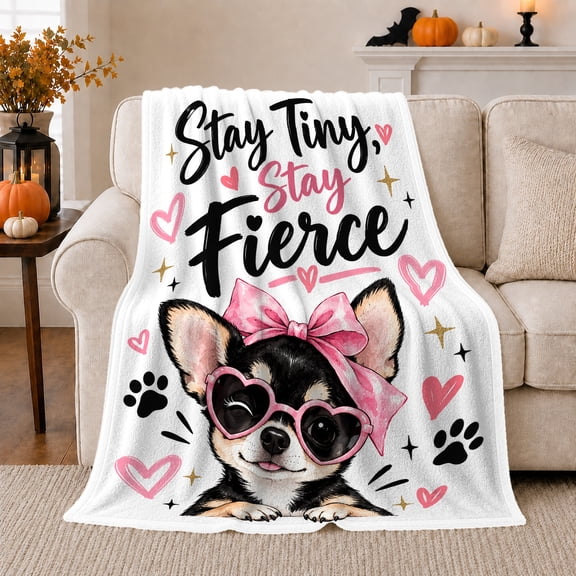 Cute Chihuahua Dog Lover Heart Sunglasses Stay Tiny, Playful Pet Portrait Pattern, Warm Flannel Blanket for Living Room and Reading Nook, Dog Moms Christmas Gift, Pet Lover Home Decor