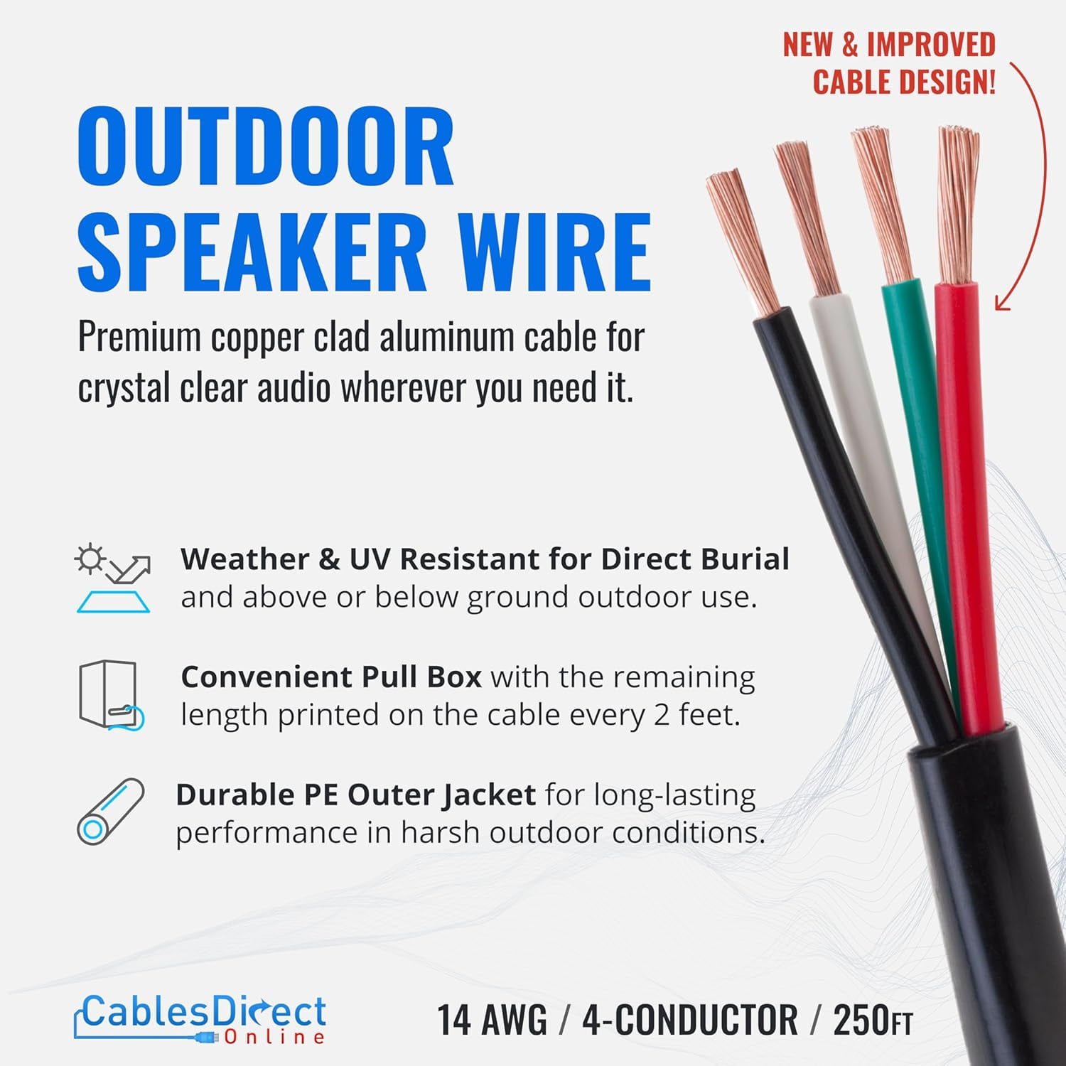 14 AWG 500ft Outdoor Speaker Wire, 14/4 CCA Stranded Audio Cable for Indoor & Outdoor Use, Direct Burial, Waterproof & UV Resistant, Cables Direct Online