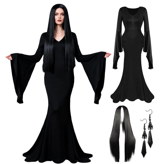Forfamy Ladies Halloween Vampire Costume Women's Party Dresses Sexy Bodycon Long Black Maxi Dress Gothic Evening Dress