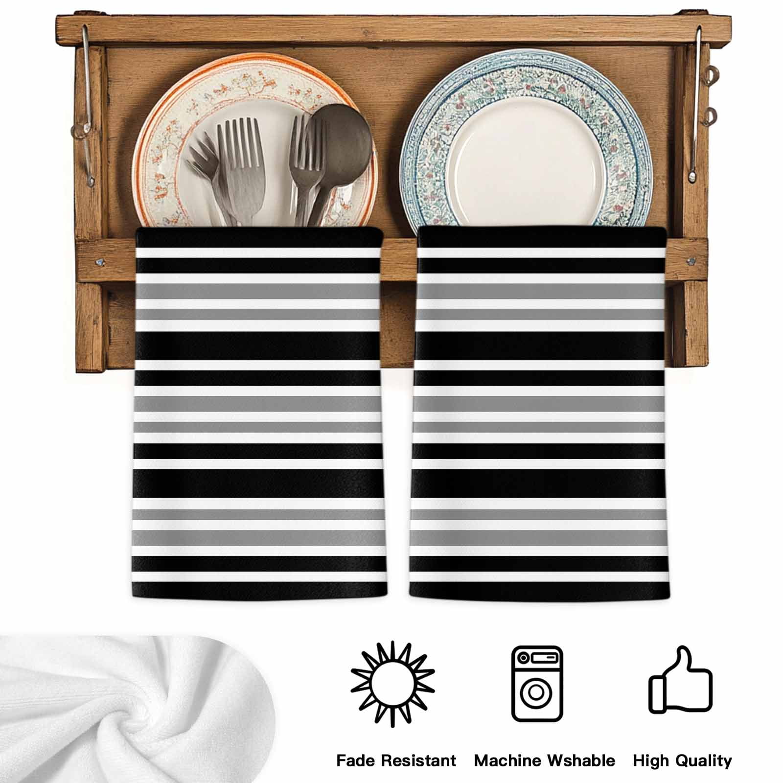 Dish Towels, Gray Black Stripes Absorbent Kitchen Towels 2 PCS, Contrast Striped Microfiber Hand Towels Dish Cloths Tea Towels for Home&nbsp;Bathroom Cleaning Drying,18X28-Inch,