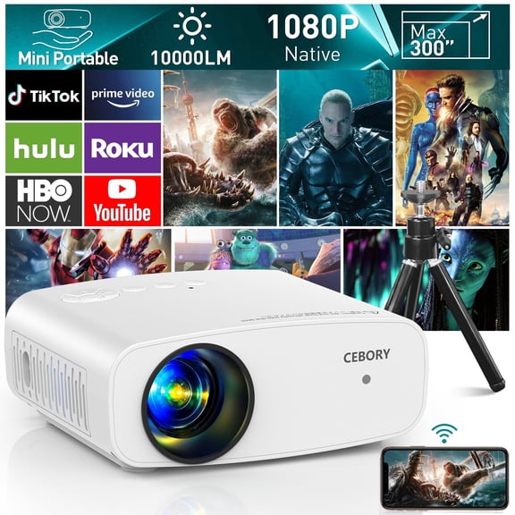 CEBORY Mini Projector with 5G WiFi and Bluetooth, 4K Support 1080P Movie Projector (Projector Screen and Tripod Included), Portable Video Projector with HDMI/ USB/ Smartphone for Home Theater/Outdoor