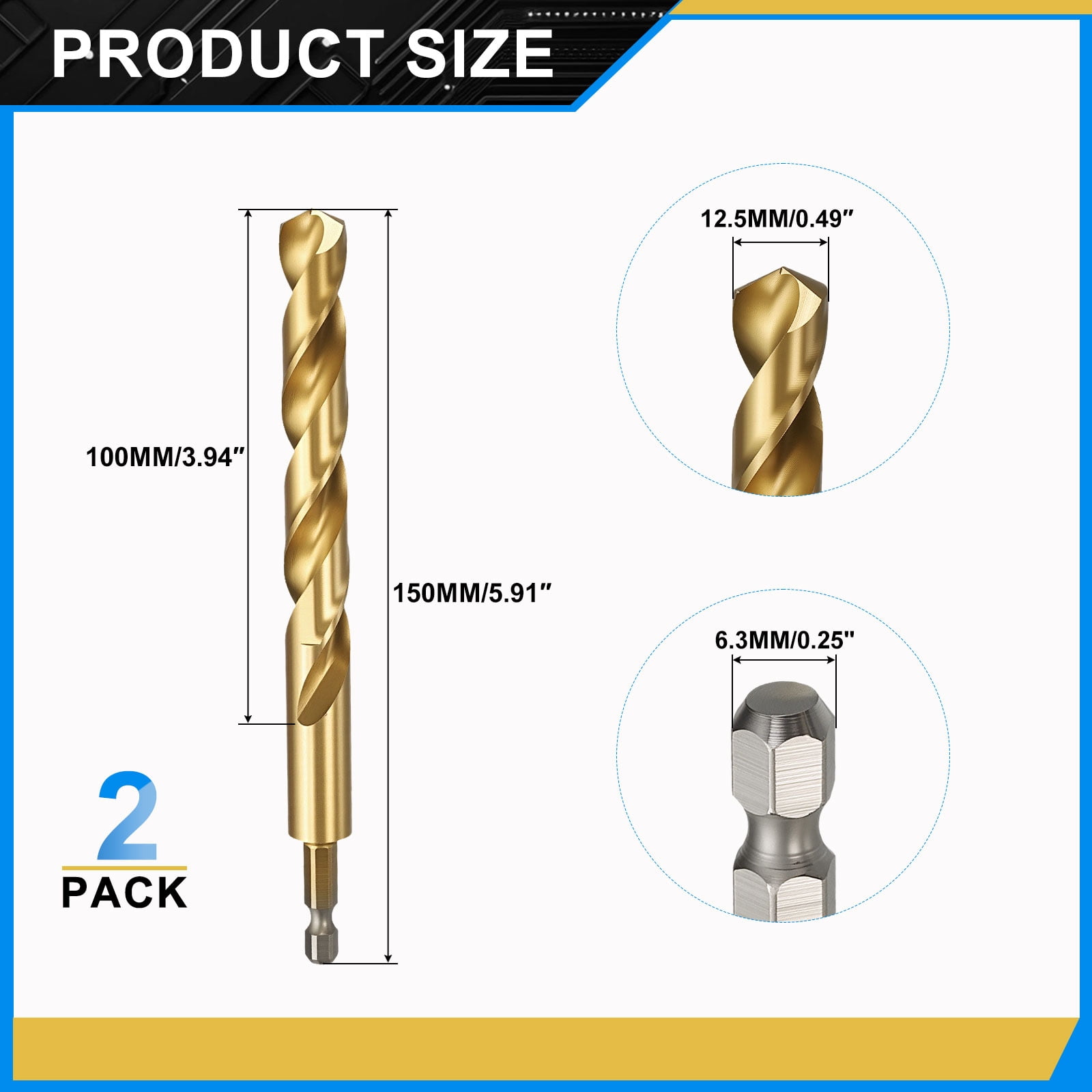 Uxcell 12.5mm Hex Shank Drill Bit, M2 High-Speed Steel Bits Quick Change Design for Impact Driver 135° Titanium Nitride TiN Coated for Stainless Steel Hard Metal - 2 Pack