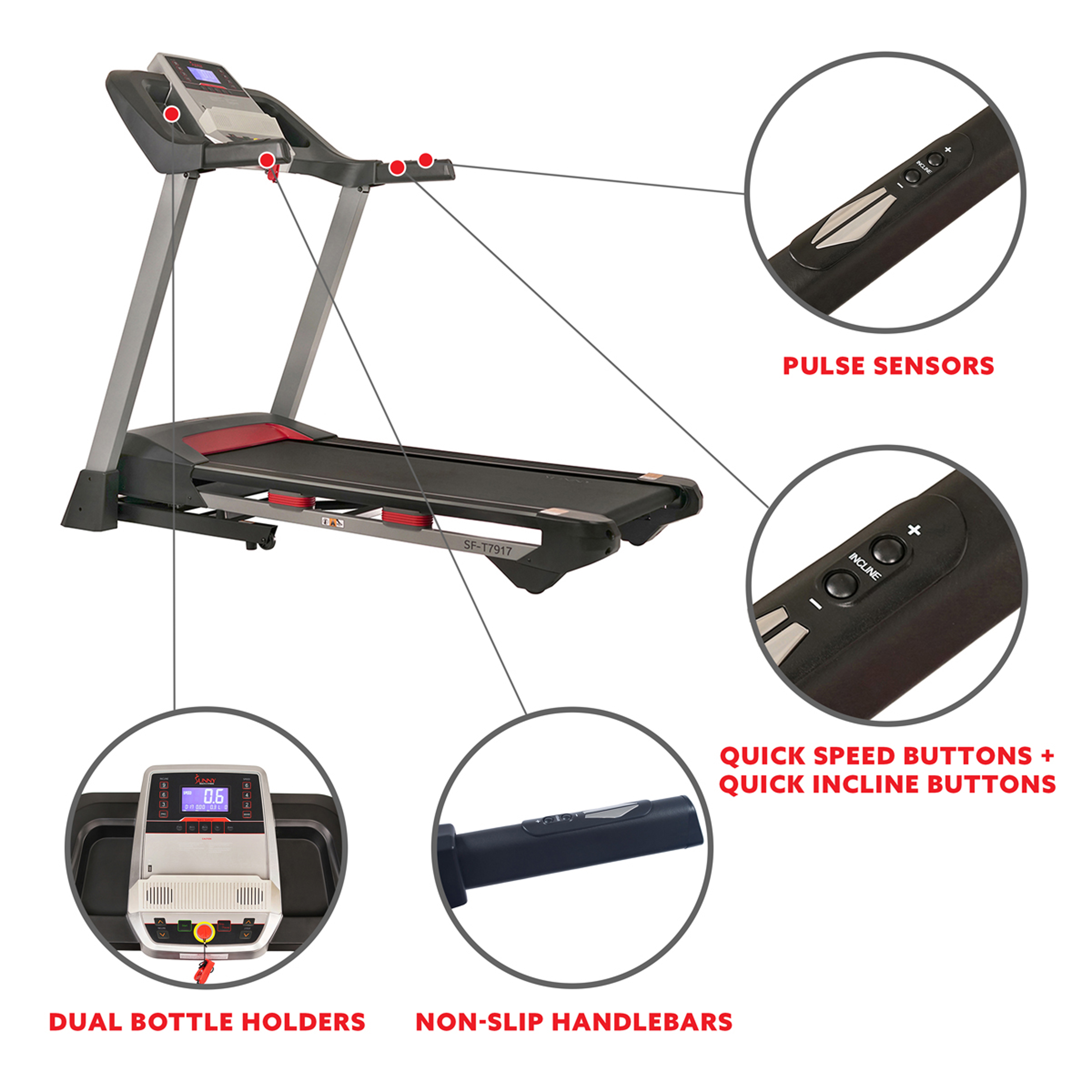 Sunny Health Fitness Electric Incline Treadmill, Bluetooth Speakers, USB Charge Function, Home Workout Exercise Machine, SF-T7917 - image 4 of 13