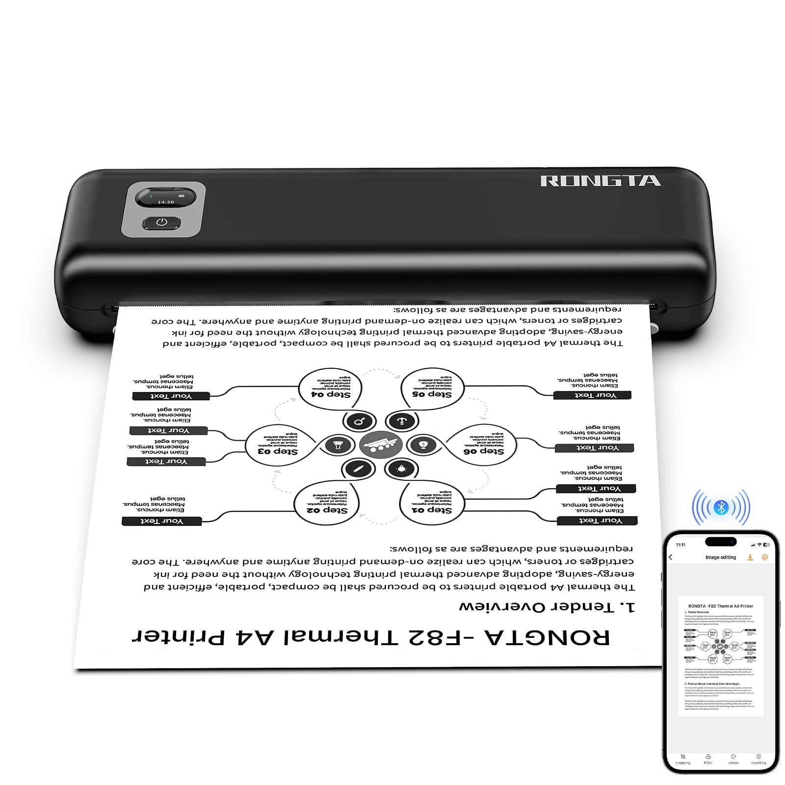 Rongta Wireless Thermal Printer for 8.5x11 US Letter, Portable A4 Printer with Bluetooth and Usb, 200 Sheets Paper, for Office and Home, Black