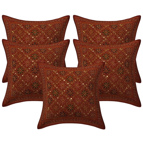 Stylo Culture Indian Sofa Throw Pillow Covers 16 x 16 Sequins Gold Zari Embroidered Rust Ethnic 40 x 40 cm Home Decor Cotton Floral Square Cushion Covers | Set Of 5