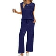 thumbnail image 4 of Women's Side Slit Lounge Sets Summer Cap Sleeve Top with Wide Leg Pants Casual Travel Vacation Matching Outfit 2026 Navy XL, 4 of 7