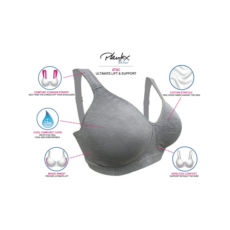 Women's Playtex US474C 18 Hour Ultimate Lift and Support Wirefree Bra (Grey  Heather 44C)