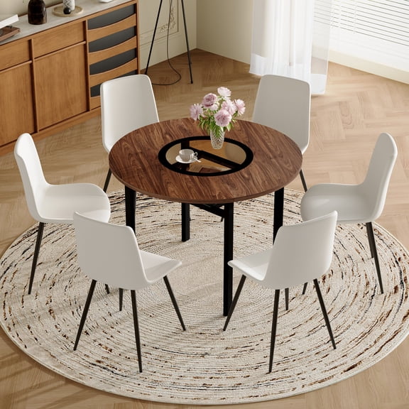 FFZ 42 inch Round Dining Table Set with 6 PU Leather Chairs, Glass Shelf, Brown black