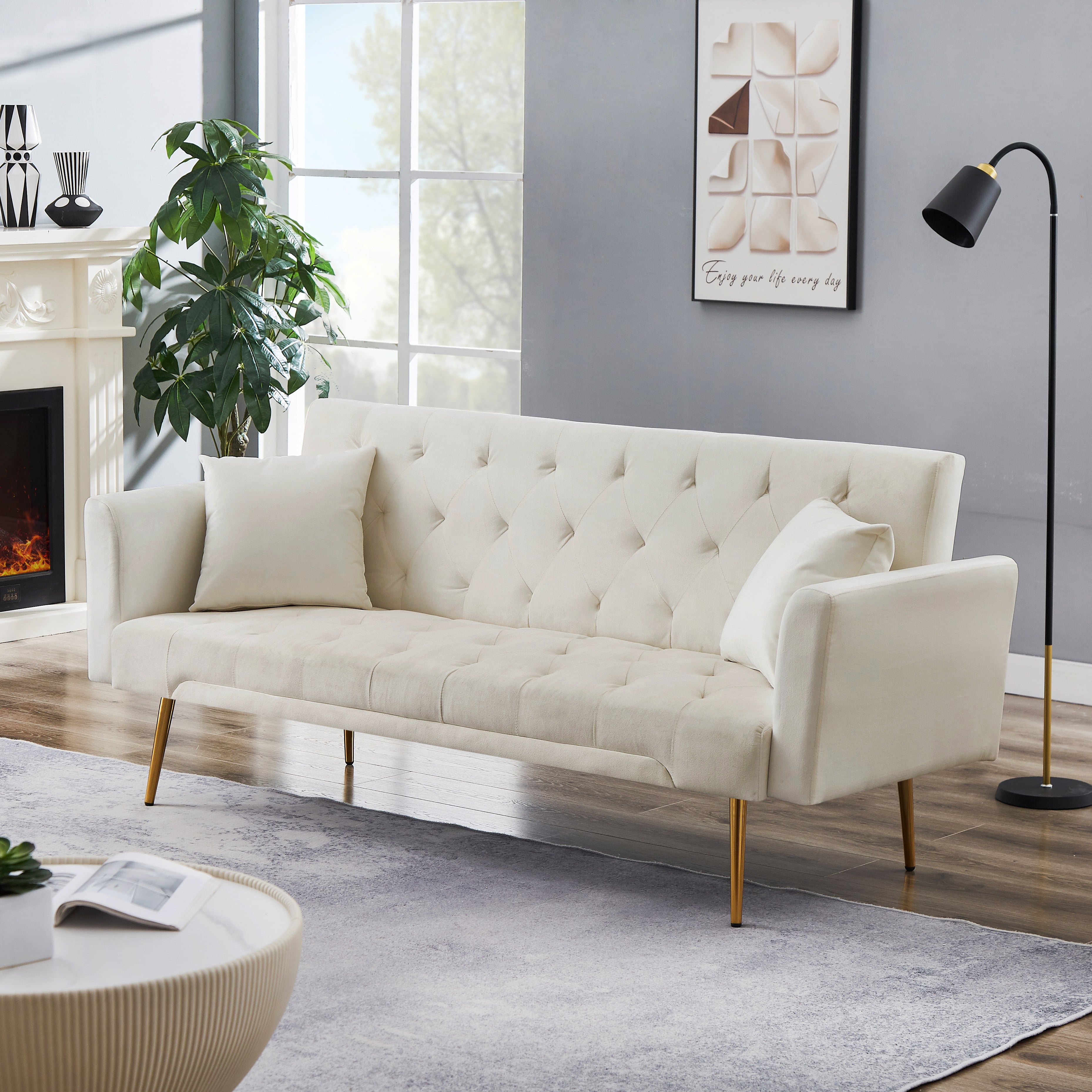 71 Inches Velvet Futon Sofa Bed with 2 Pillows,Modern Convertible Futon Couch with Adjustable Backrest,Beige