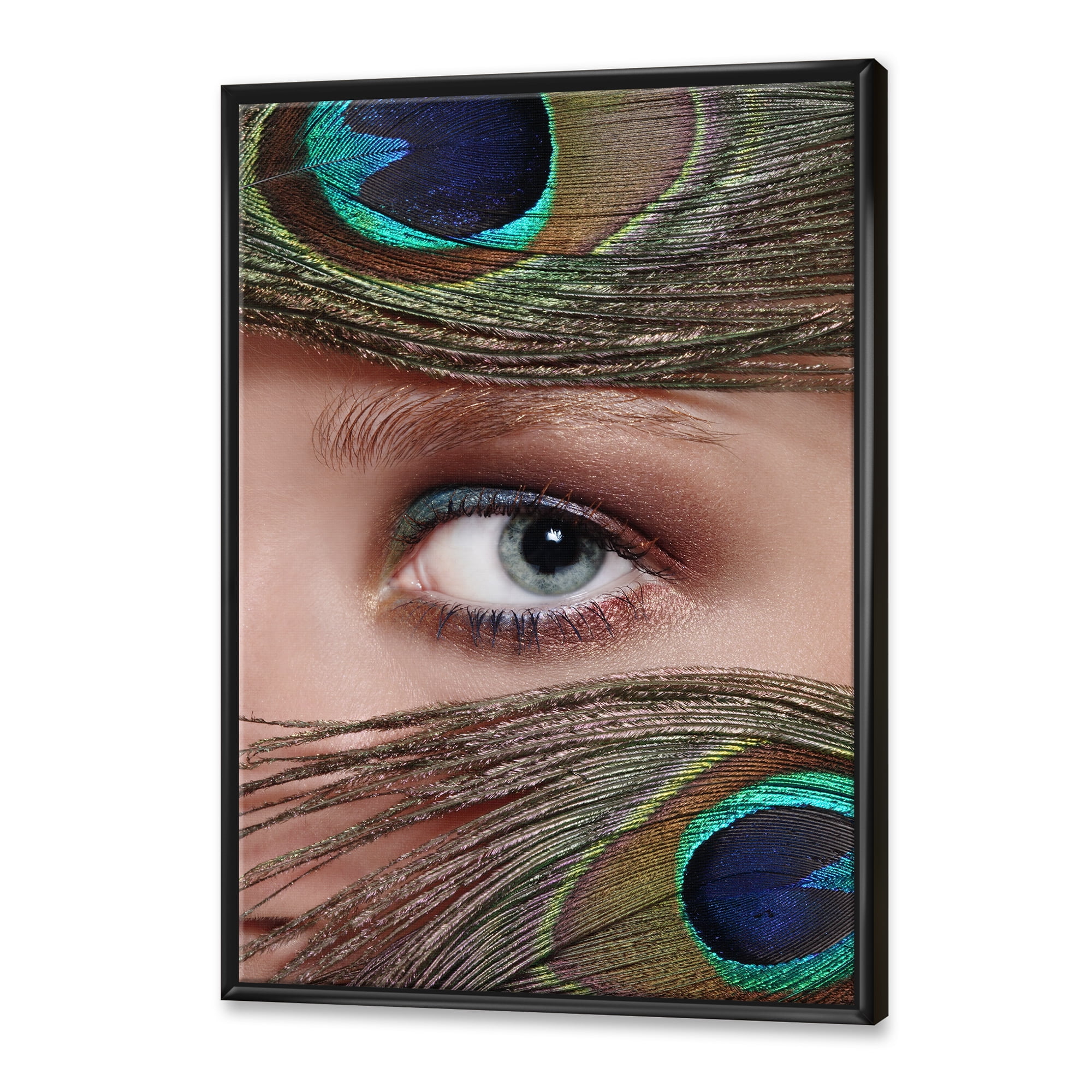 Peacock Feathers and Eye 12 in x 20 in Framed Photography Canvas Art Print, by Designart