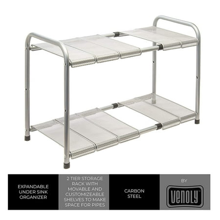 Tiered Shelf Organizer Venoly Expandable Under Sink Organizer - 2 Tier Storage Rack With Movable and Customizeable Shelves to Make Space for Pipes - Carbon Steel - By ()