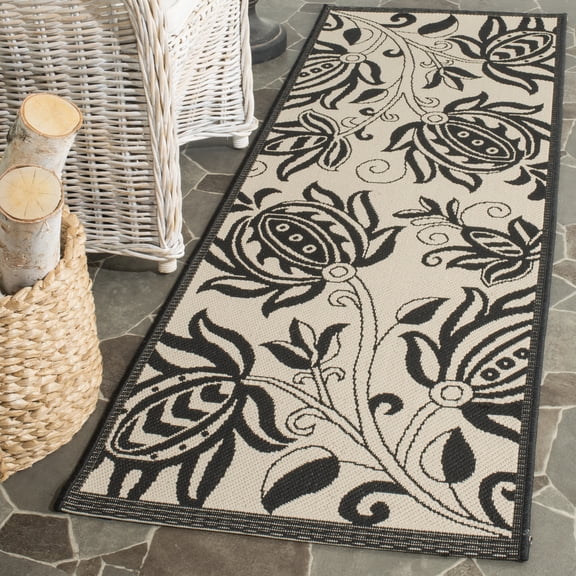 Safavieh Courtyard Crystal Floral Indoor/Outdoor Runner Rug, Sand/Black, 2'3" x 14'