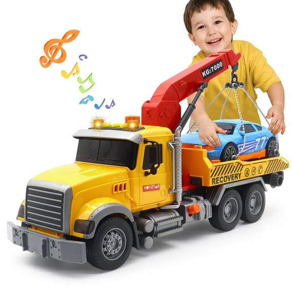 Kids Tow Truck with Car Toys, 15" Large Tow Truck Toy, Friction Powered Transport Truck Crane Toy with Lights and Sounds, Play Vehicle Toys for Kids
