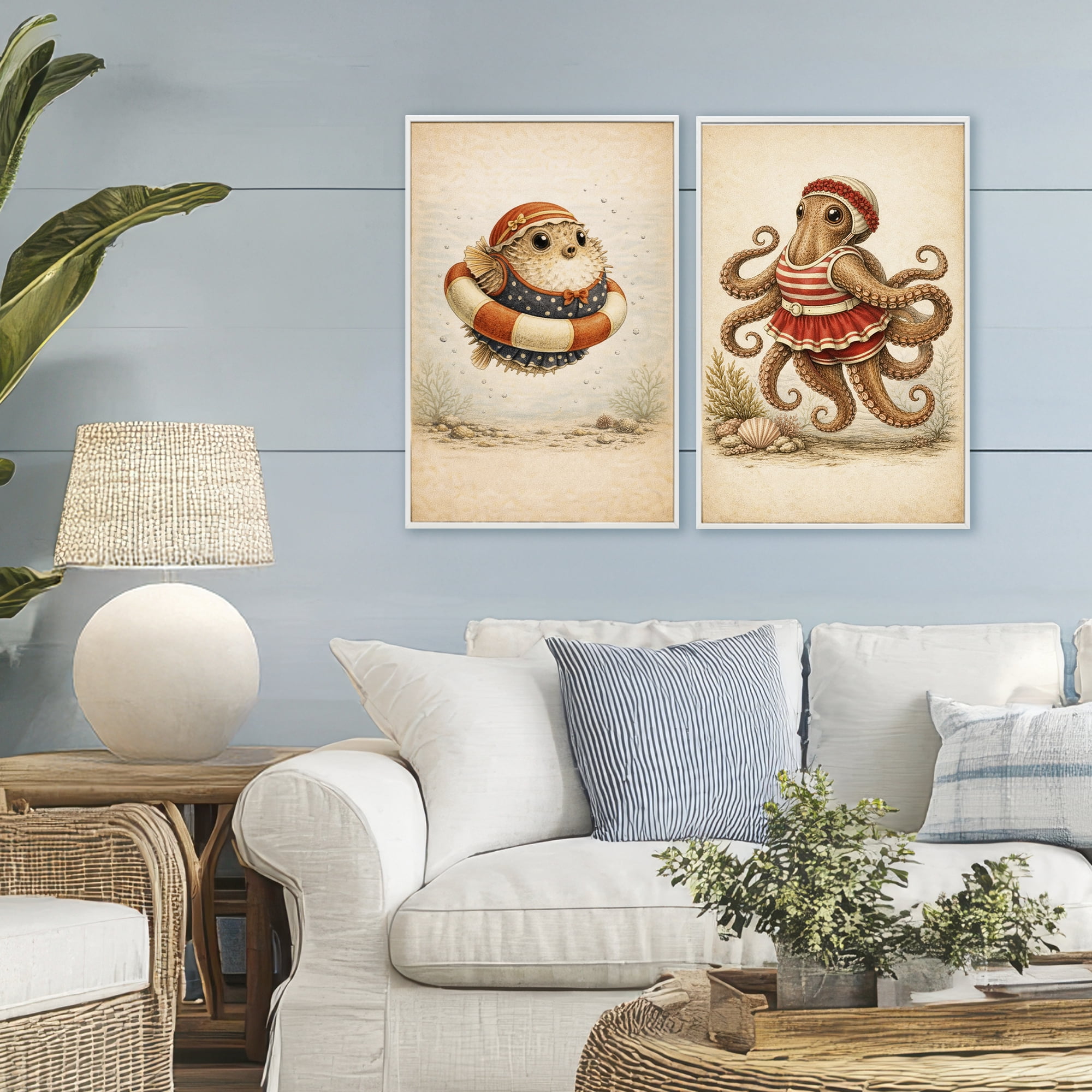 Stupell Industries Vintage Maritime Bathing Creatures 2 Piece White Framed Giclee Art Set, design by Grotto Studios