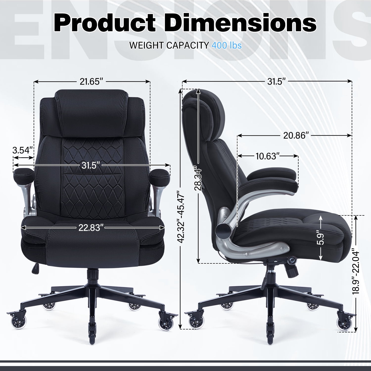 High Back Office Chair with Lockable Wheels, 400lbs Large Fabric Executive Desk Chair, Adjustable Lumbar Support Flip up Arms, Ergonomic Home Office Computer Chair with Storage Pocket, Black