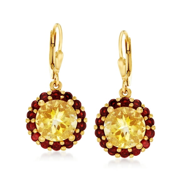 Ross-Simons 7.00 ct. t.w. Citrine and 2.50 ct. t.w. Garnet Flower Drop Earrings in 18kt Gold Over Sterling, Women's, Adult